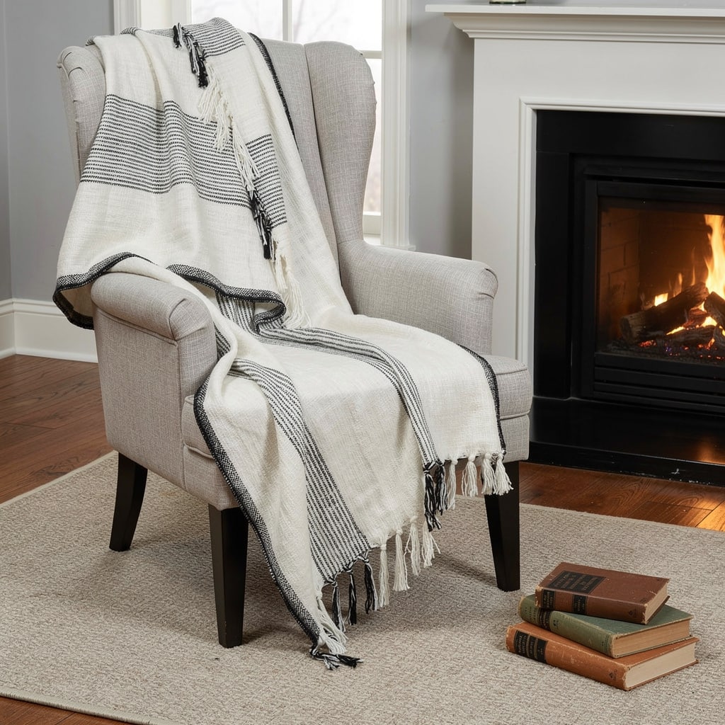 HomeRoots 50" X 60" Black And Ivory Cotton Woven Striped Throw Blanket with Fringe