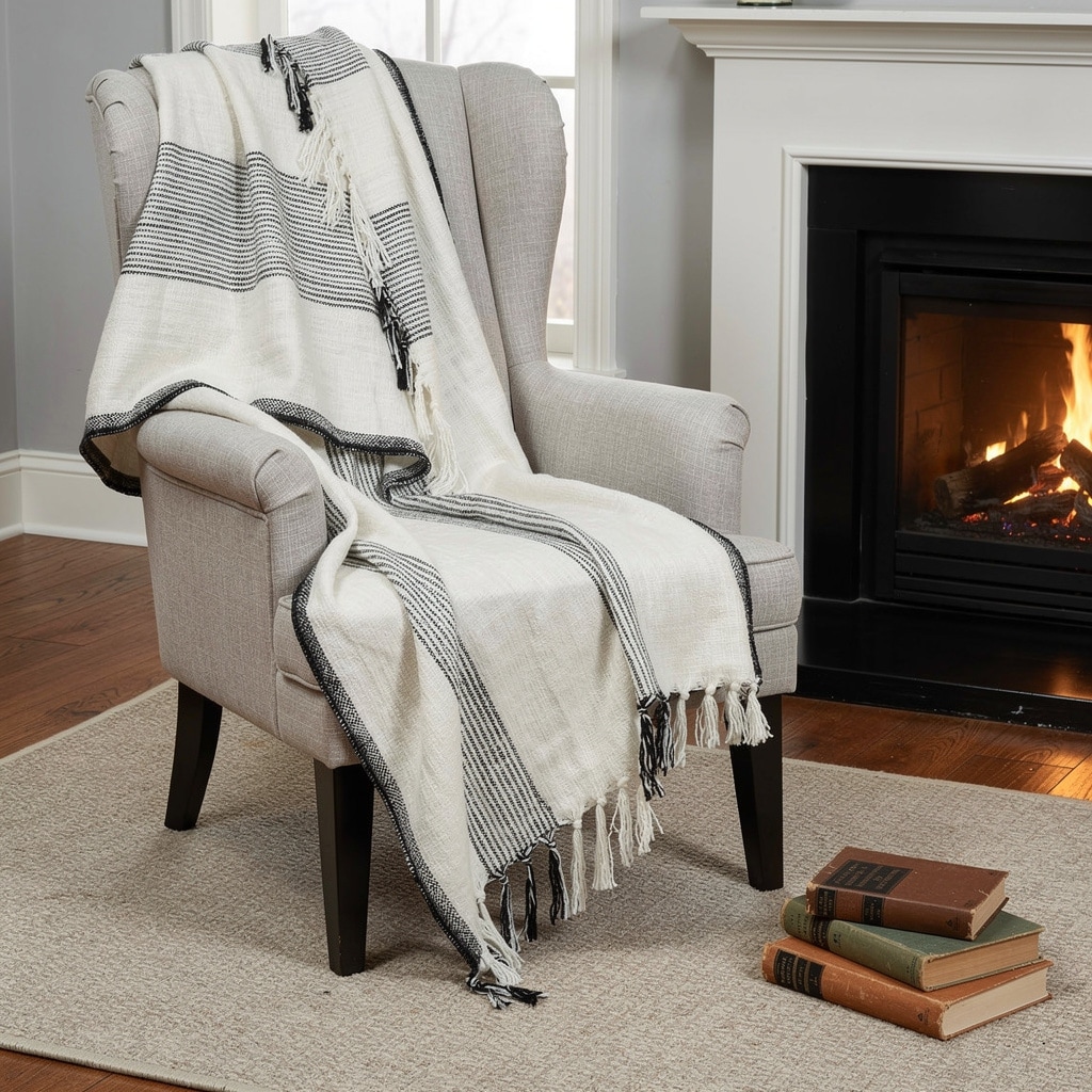 HomeRoots 50" X 60" Black And Ivory Cotton Woven Striped Throw Blanket with Fringe