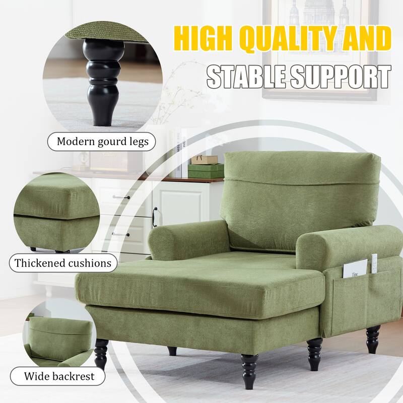 Chenille Fabric Chaise Lounge Arm Chair, Single Sofa Chair Sleeper Recliner