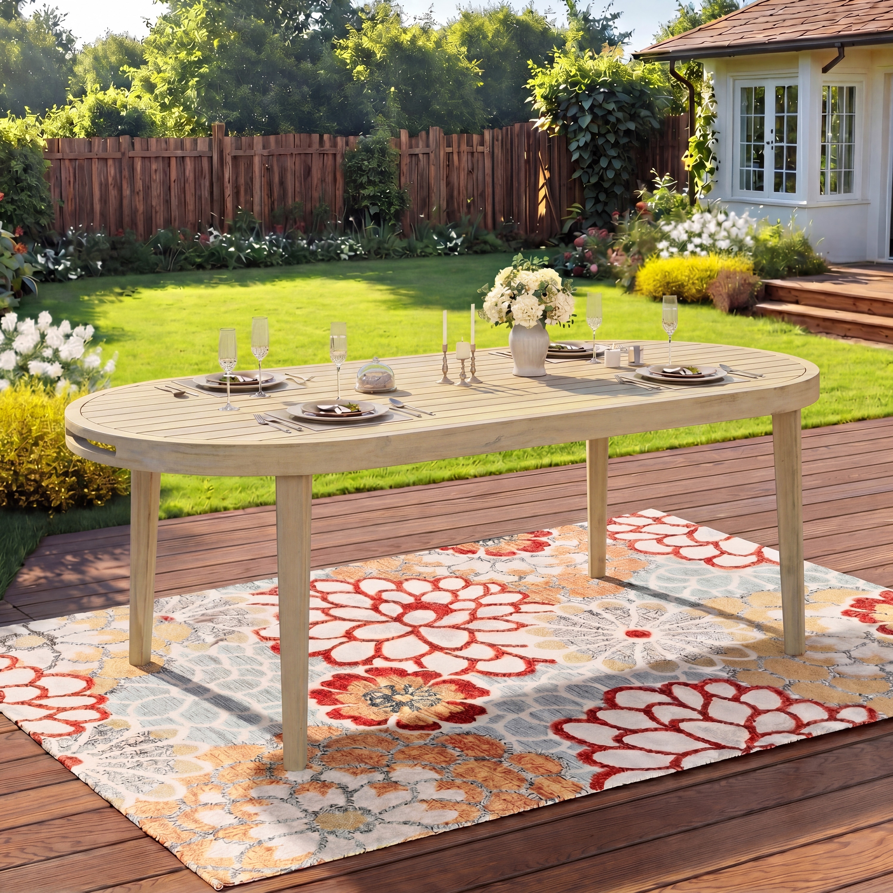 Christopher Knight Home - Solmere Outdoor Dining Table, Acacia Wood Frame with Slatted Oval Top & Non-Slip Foot Pads - 70.08" L