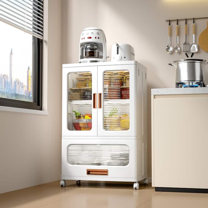 Javlergo 2-Door Plastic Storage Cabinet with Drawer & Wheels White Rolling Storage Organizer with Magnetic Doors for Living Room