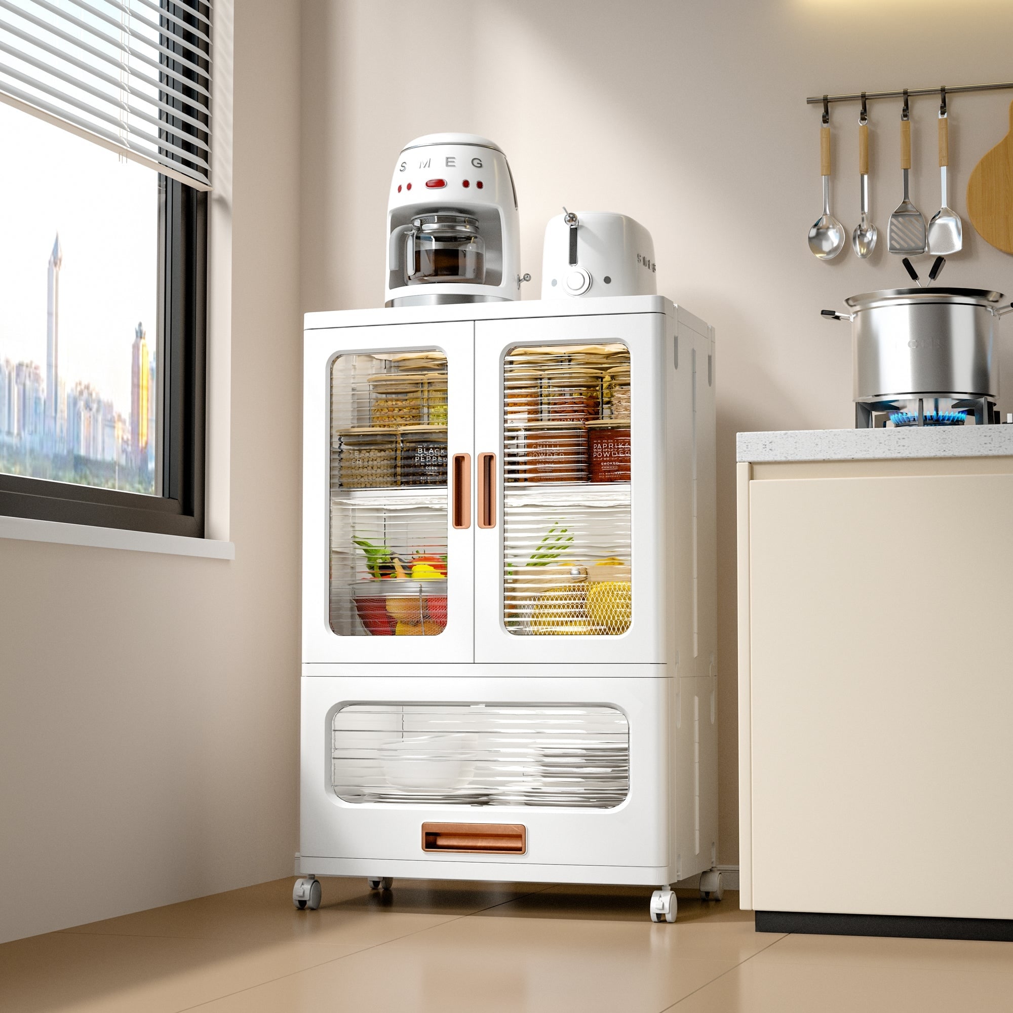 Javlergo 2-Door Plastic Storage Cabinet with Drawer & Wheels White Rolling Storage Organizer with Magnetic Doors for Living Room