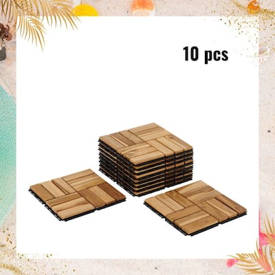 12" x 12" Square Teak Wood Interlocking Flooring Tiles Checker Pattern Pack of 10 Tiles