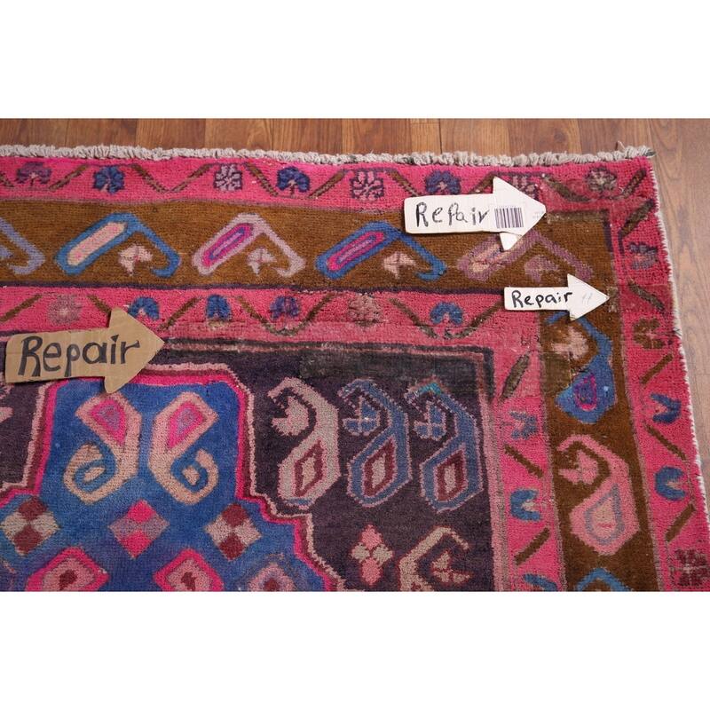 Geometric Meshkin Persian Vintage Runner Rug Hand-Knotted Wool Carpet - 3'9" x 10'6"