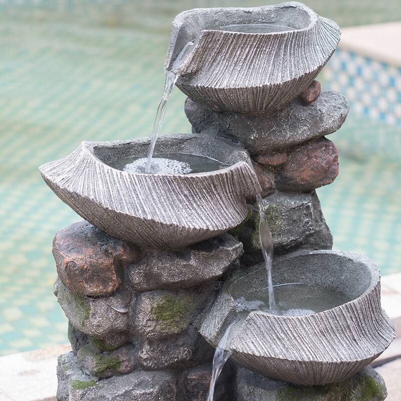 19x15x31.5" Indoor Outdoor Stone Water Fountain, 4-Tier Polyresin Cascading Rock Bowl Freestanding Fountain with LED Light