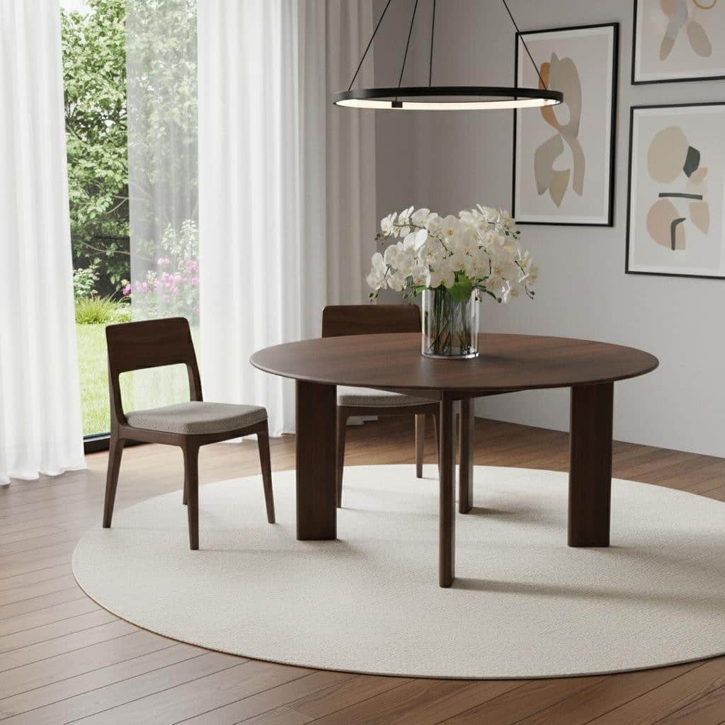 HomeRoots 59" Brown Solid Wood Round Top Dining Table - 58.50 in. x 29.64 in. x 58.50 in.