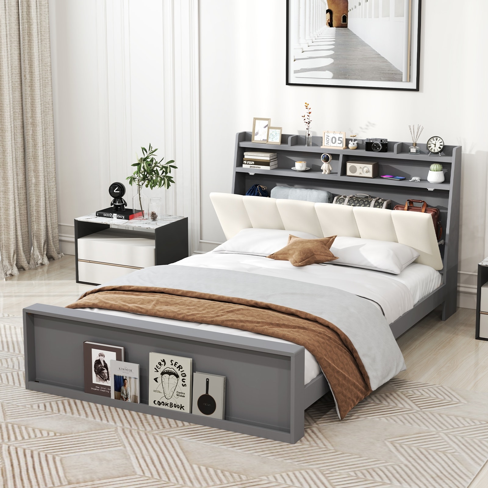 Gymax Full Size Bed Frame w/ Storage Modern Platform Bed Mattress