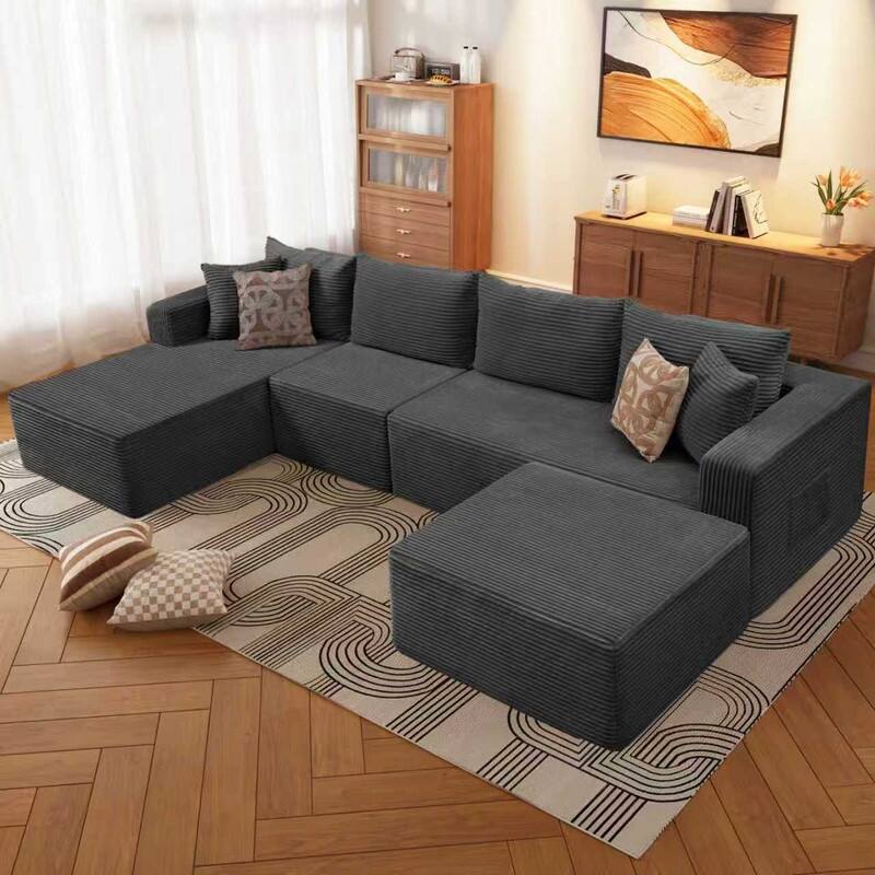 WINSOON 136''x69'' Plush Modular Sectional Sofa with Pillows - Grey