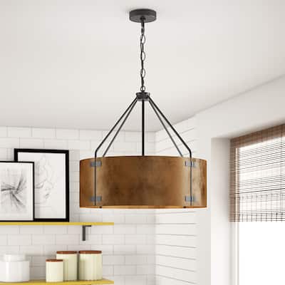Vintage Matte Black 4-Light Metal Drum Pendant Light with Brown Lampshade