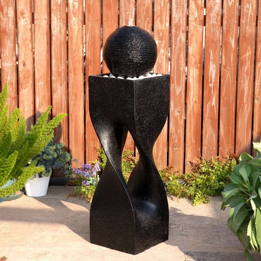 Glitzhome Modern Geometric Oversized Pedestal Sphere Polyresin Outdoor Floor Fountain with Pebbles