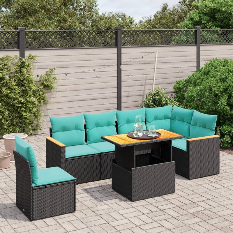 vidaXL Patio Sofa Set with Cushions Outdoor Furniture 7 Piece Poly Rattan - 24.4 x 24.4 x 27.2 - Black