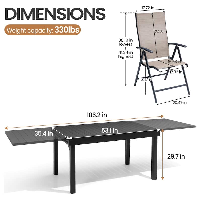9-Piece Outdoor Dining Set Expandable Aluminum Dining Table and Adjustable Folding Chairs
