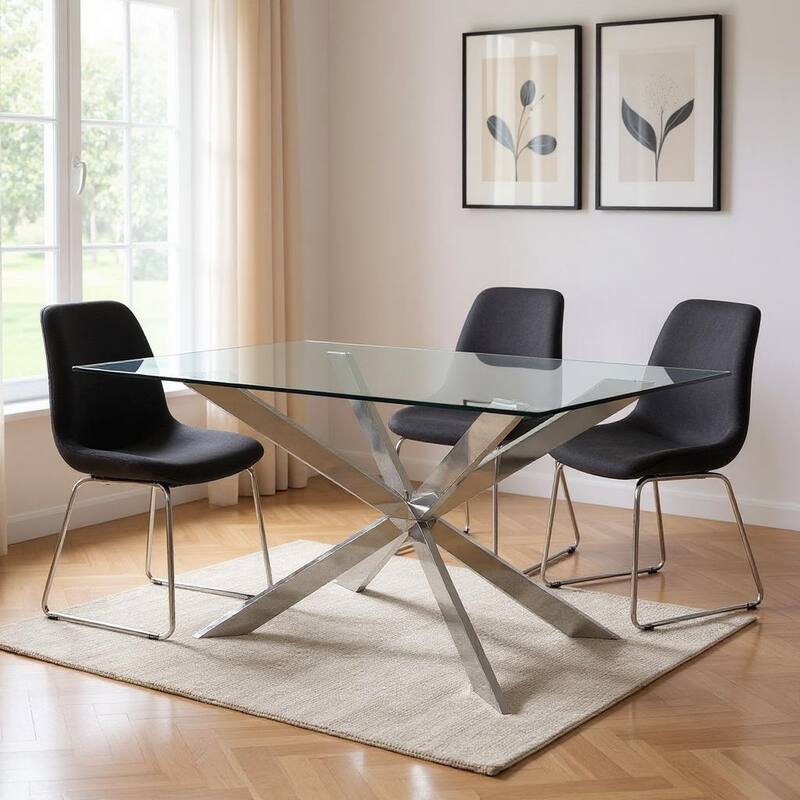 HomeRoots 87" Clear and Silver Glass and Metal Cross Leg Base Dining Table - 87.00 in. x 29.50 in. x 39.50 in. - Clear - 87.00 in. x 29.50 in. x 39.50 in.