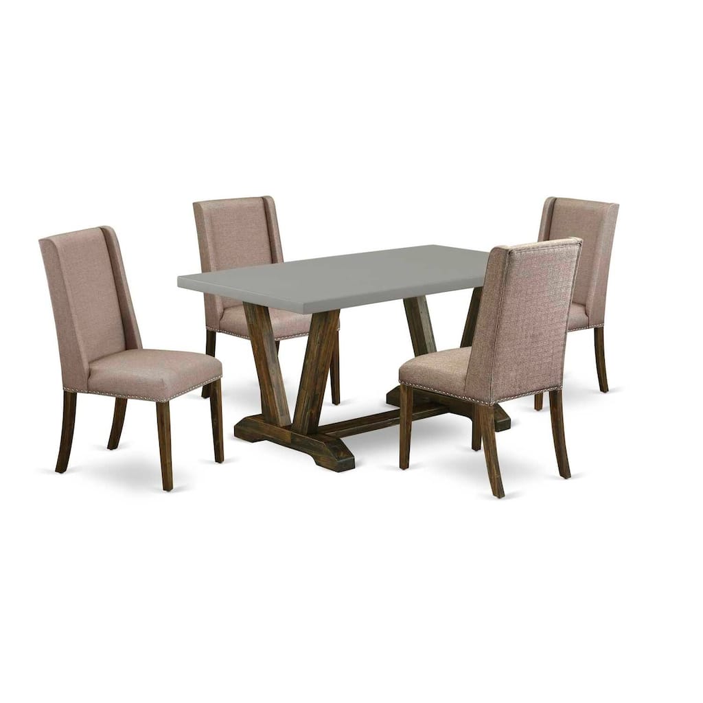 HomeStock 5-Piece Rectangle Distressed Jacobean Finish Solid Wood Top Dining Table with 4 Upholstered-Chairs with Lattice Back