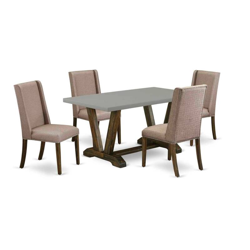 HomeStock 5-Piece Rectangle Distressed Jacobean Finish Solid Wood Top Dining Table with 4 Upholstered-Chairs with Lattice Back