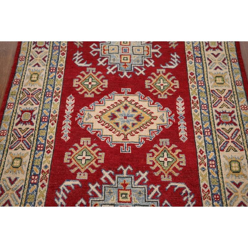 Red Geometric Kazak Foyer Rug Handmade Wool Carpet - 3'3" x 5'0"