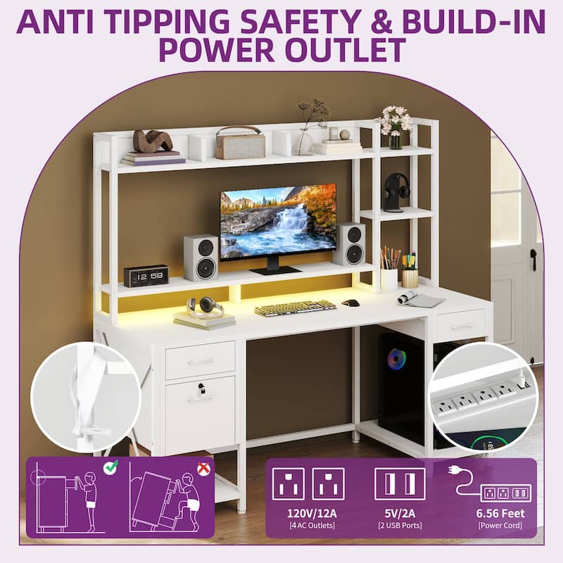 Moasis 59" Computer Desk with Hutch and Shelves, LED Gaming Desk with Monitor Stand