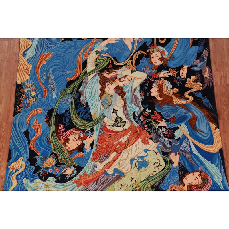 Blue Wool Pictorial Tabriz Persian Rug Hand-Knotted Wool Carpet - 4'9" x 6'11"