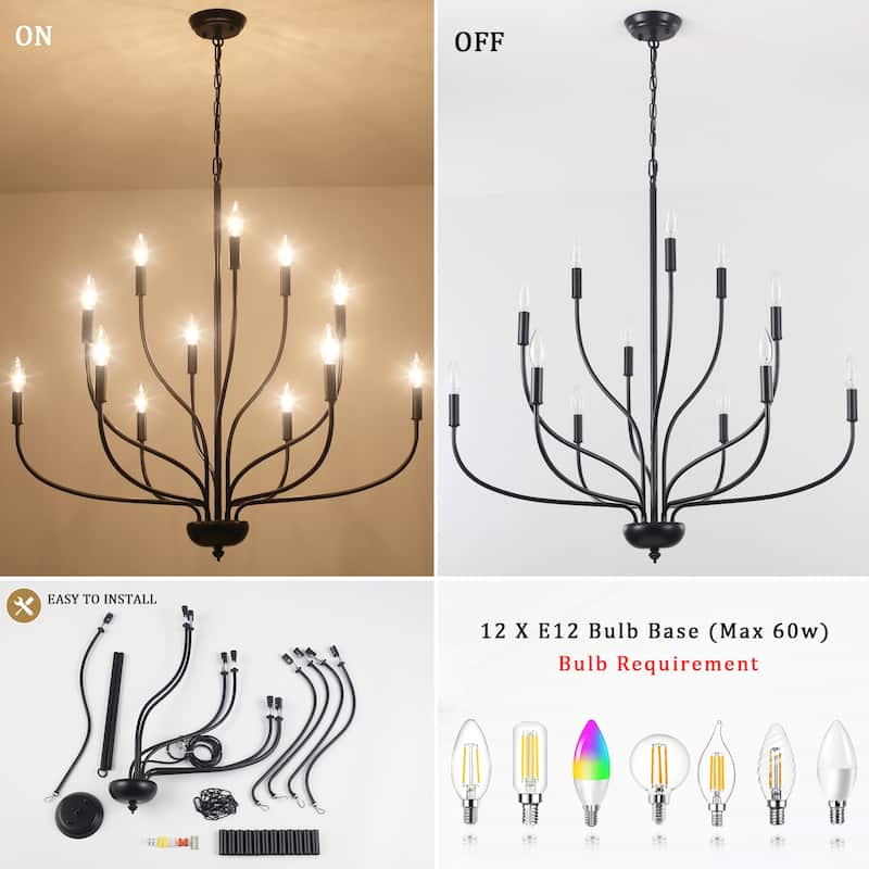 12 - Light Candle Style Chandelier ,Classic Farmhouse Chandelier with Lotus Shaped for Kitchen Island Living Dining Room