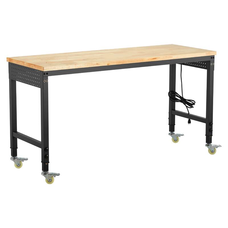 Black and Natural Oak Adjustable Height Workbench with Power Strip, Casters and Hooks - Black-Natural