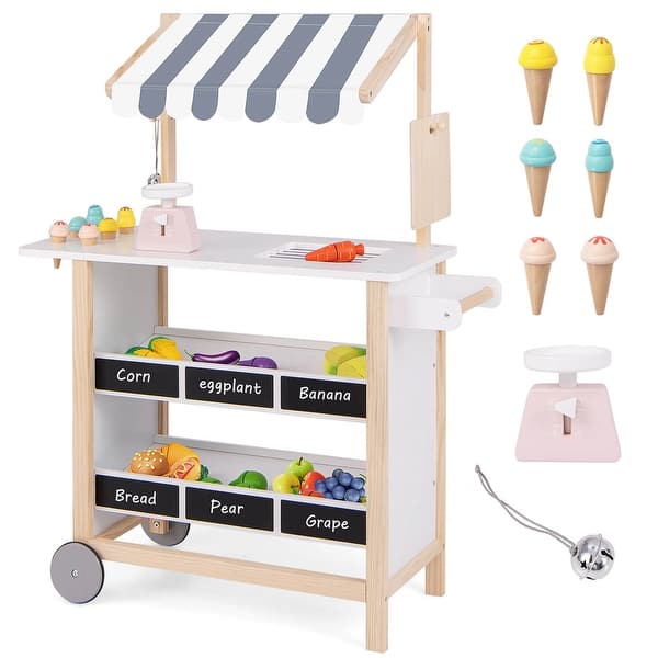 slide 2 of 21, Costway Kids Ice Cream Cart Wooden Toddler Farmers Market Stand with - See Details White