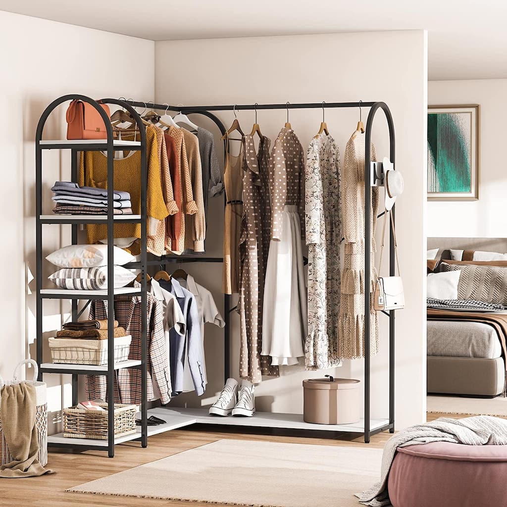 L Shaped Corner Garment Rack Clothing Rack with Storage Shelves and Side Hooks