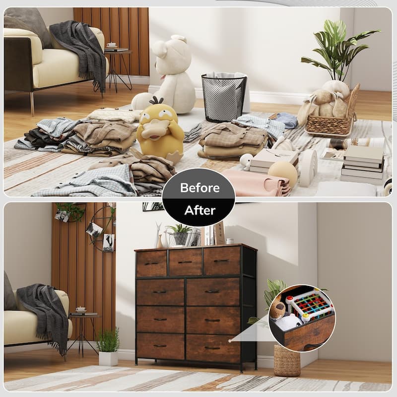 Dresser for Bedroom with 9 Drawers, Anti-Tip Tall Fabric Chests Storage Organizer Tower Furniture with Wooden Top Metal Frame