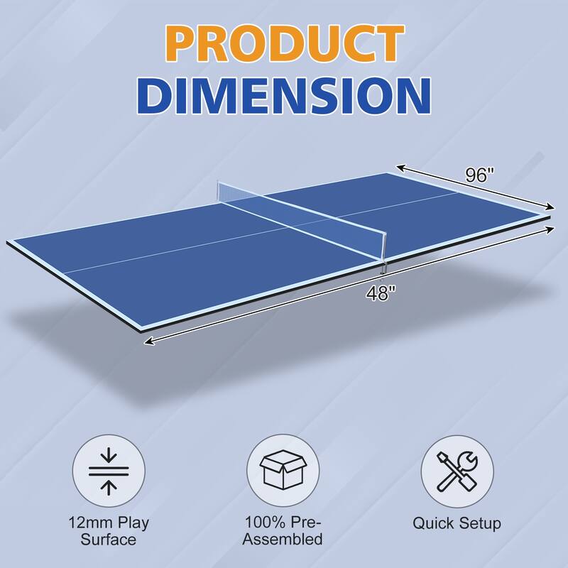Roomfitters 8ft Blue Mid-Size Ping Pong Conversion Top, Foldable & Portable Table Tennis Top for Indoor Games