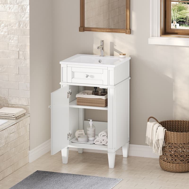18" Freestanding Single Bathroom Vanity with Ceramic Sink, French Style Cabinet with Soft Close Door