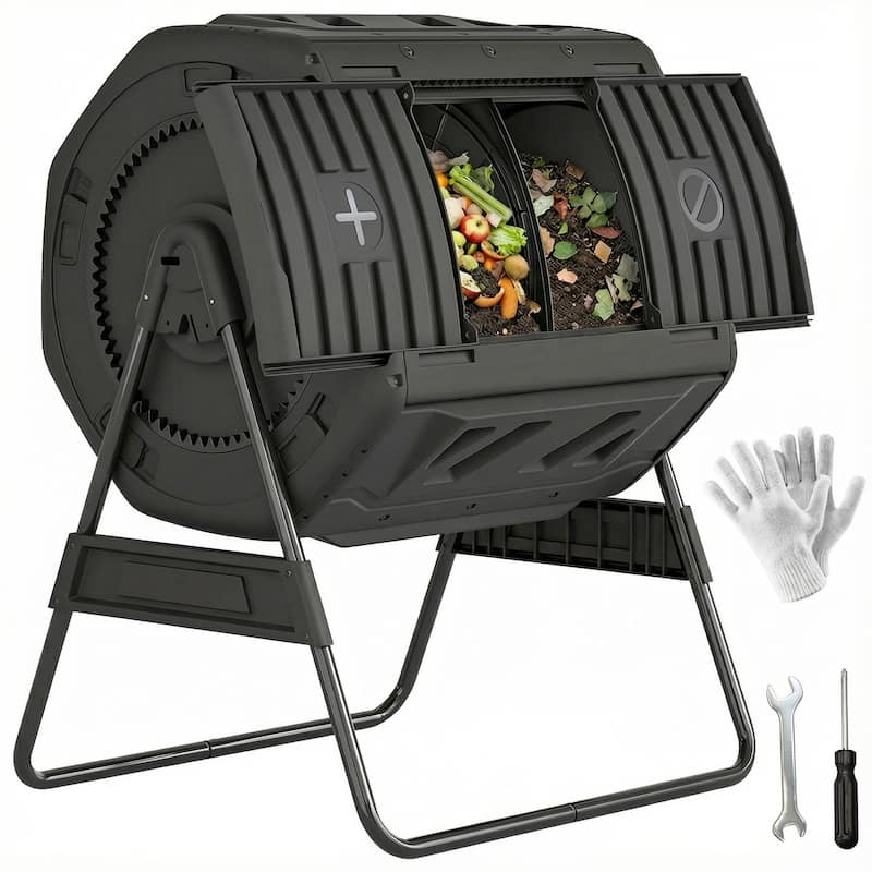 Outsunny Compost Bin Outdoor, 53 Gal Dual Chamber Compost Tumbler with 8 Adjustable Vents