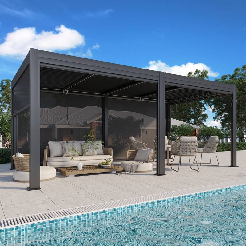 EROMMY Outdoor Louvered Pergola Gazebo with Adjustable Aluminum Rainproof Roof and Pull-Down Screen