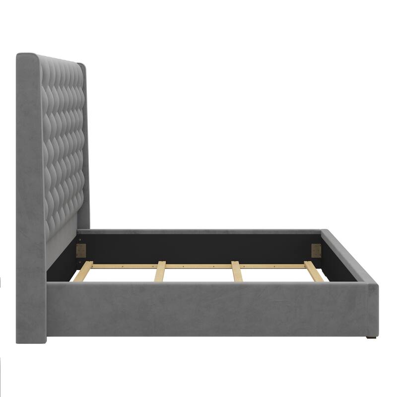 Roomfitters King Size Upholstered Bed, 67.5" Tall Headboard, Wingback, Vertical Stripes, Box Spring Needed