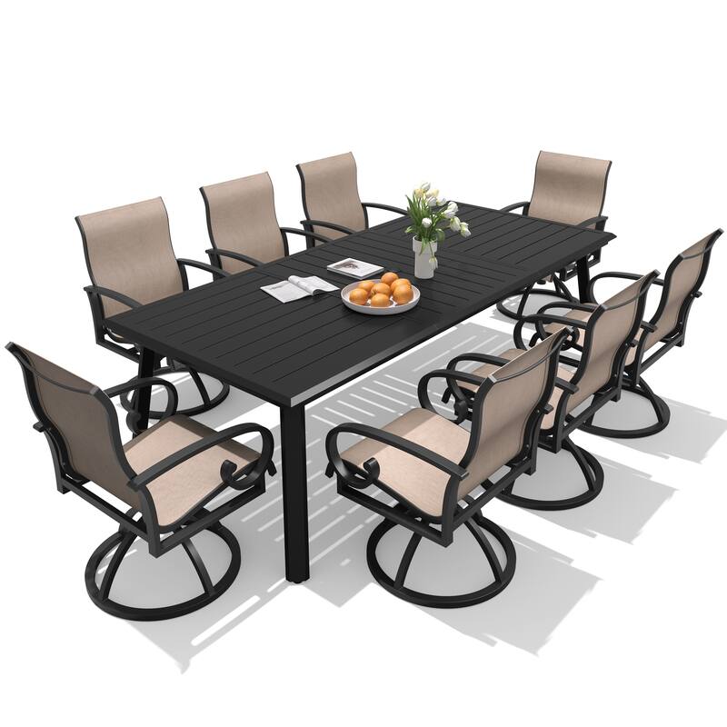 9PC Outdoor Patio Aluminum Dining Set Table with Sunbrella Swivel Dining Chairs Umbrella Hole - Table-Black&Chairs-AUGUSTINEASHE