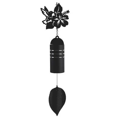 Q-Max 23" Long Metal Black Hummingbird and Hibiscus Silhouette Wind Chime Garden Patio Decoration