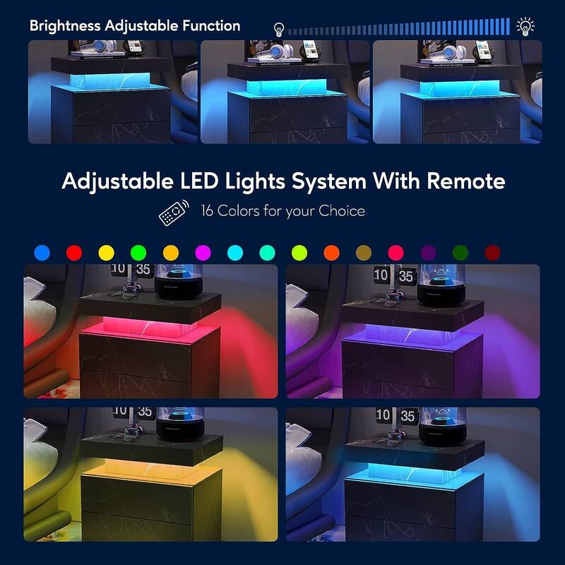 LED Nightstand with 2 Drawers for Bedroom