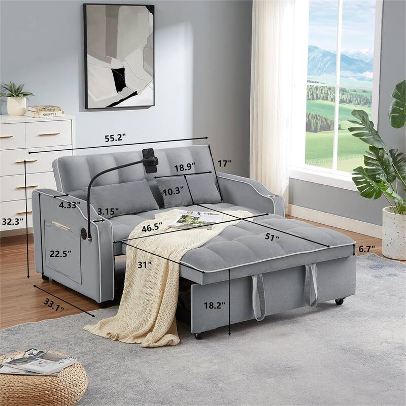 Versatile Foldable Sofa Bed in 3 Lengths,Adjustable Back w/ USB