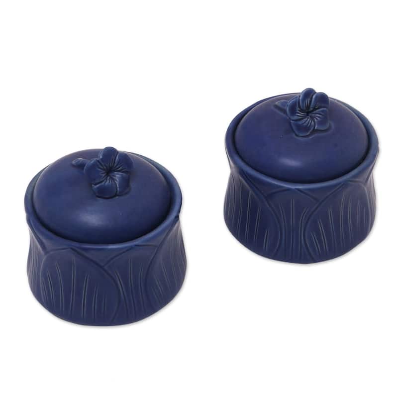 NOVICA Handmade Blue Frangipani Ceramic Condiment Jars, Set of 2 (Indonesia) - 3.1 - 3.1 - Blue