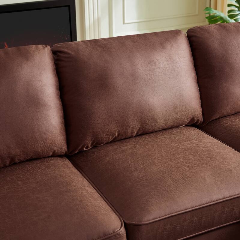 82.2"L-Shape Sofa Couch with Chais Mid-Century Copper Nail on Arms,strong wooden leg and suede fabric design Right Chaise