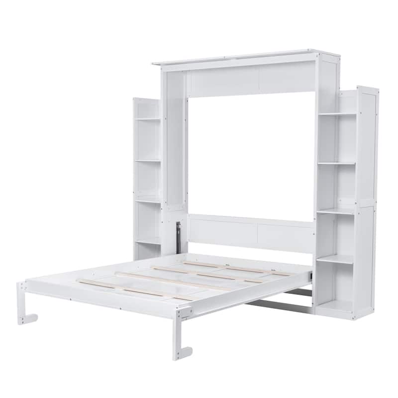 Merax Queen Size Murphy Bed Wall Bed with Shelves and LED Lights