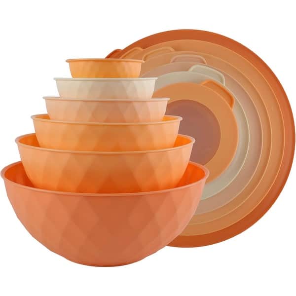 COOK WITH COLOR Mixing Bowls with Lids 12 Piece Plastic Nesting Bowls Set includes 6 Prep Bowls and 6 Lids Diamond Design - Orange