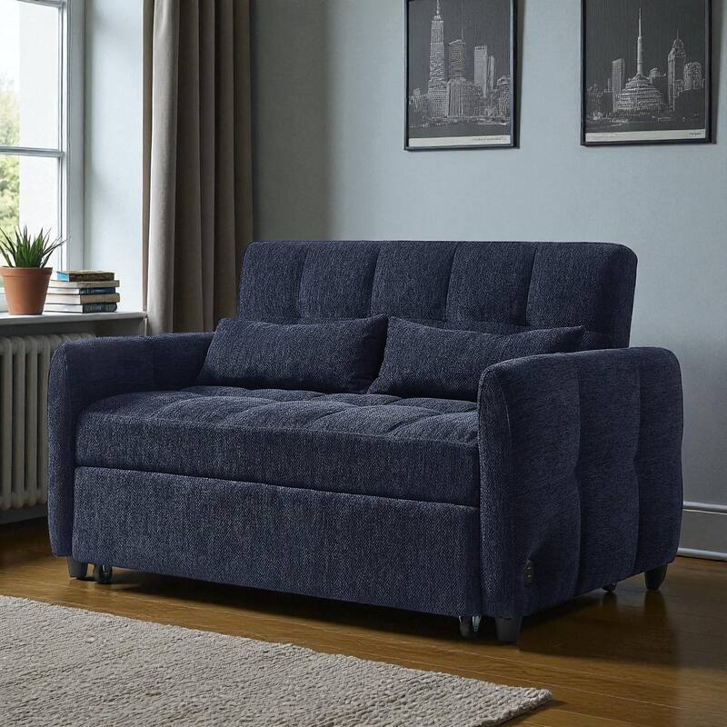 52.8" Loveseat Pull-Out Sleeper Sofa Bed with Adjustable Backrest, USB Ports and Pillows, Tufted Chenille Sofa