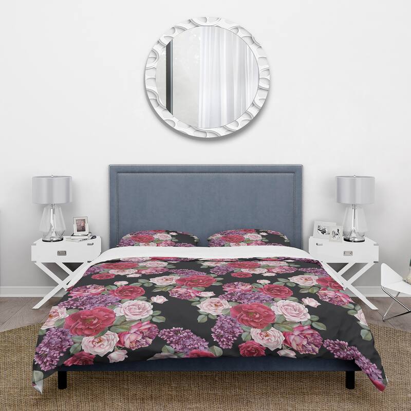 Designart 'Roses And Lilacs Bouquet On Black' Traditional Duvet Cover ...