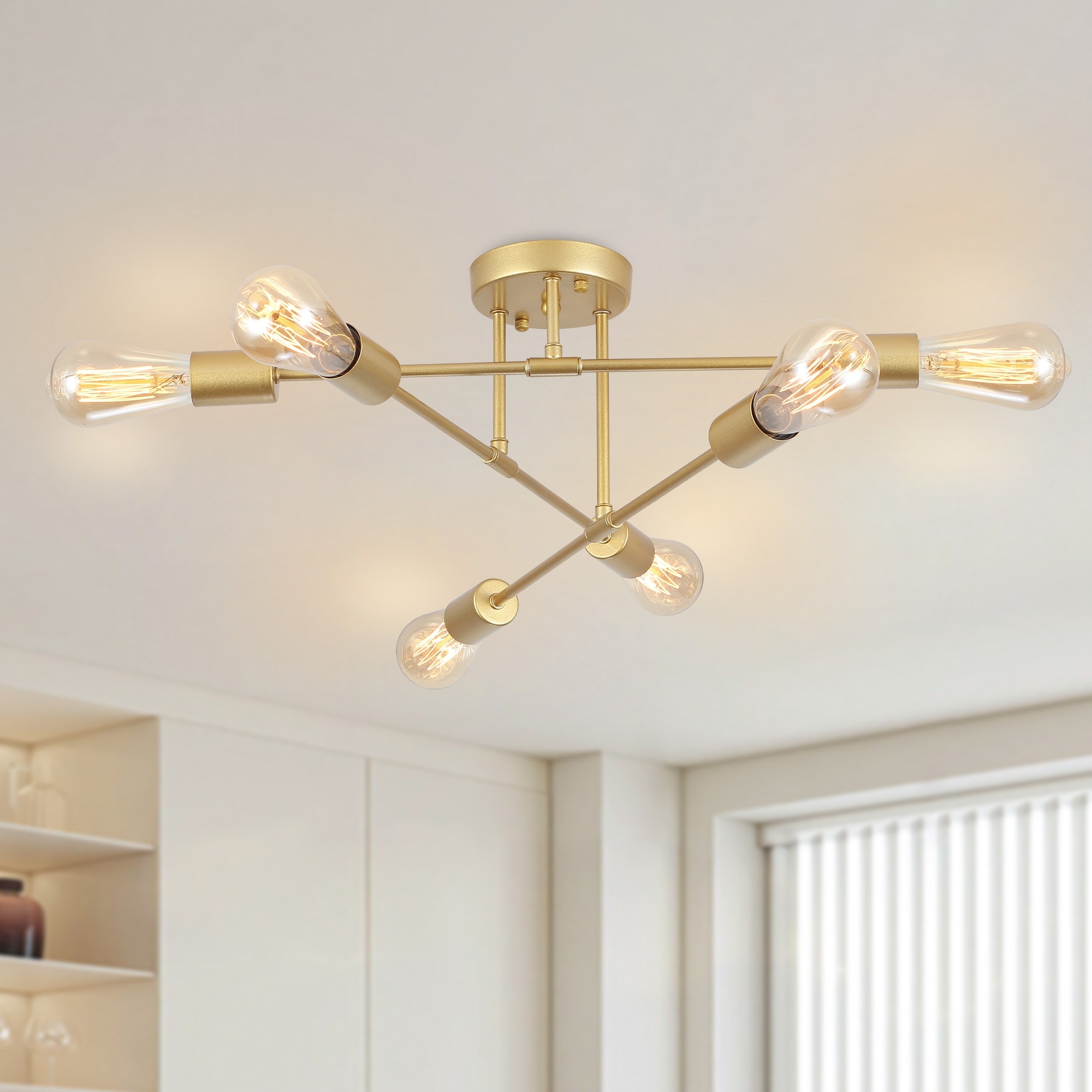 6-Light Modern Sputnik Ceiling Light Fixture, Industrial Semi Flush Mount Ceiling for Living Room, Closet