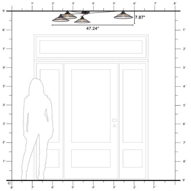 4 Lights Industrial Cone Shaped Iron Mesh Flush Mount Ceiling Light - Dia.47.24-in