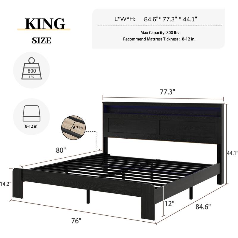 King Size Wood Platform Bed Frame with Storage Headboard, USB Ports, and LED Lights, Easy Assembly, Dark Black
