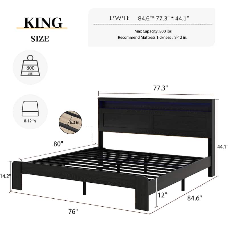 Roomfitters King Bed Frame with Wood Platform, Storage Headboard, Charging Station, Light Bar Headboard, Black - Black