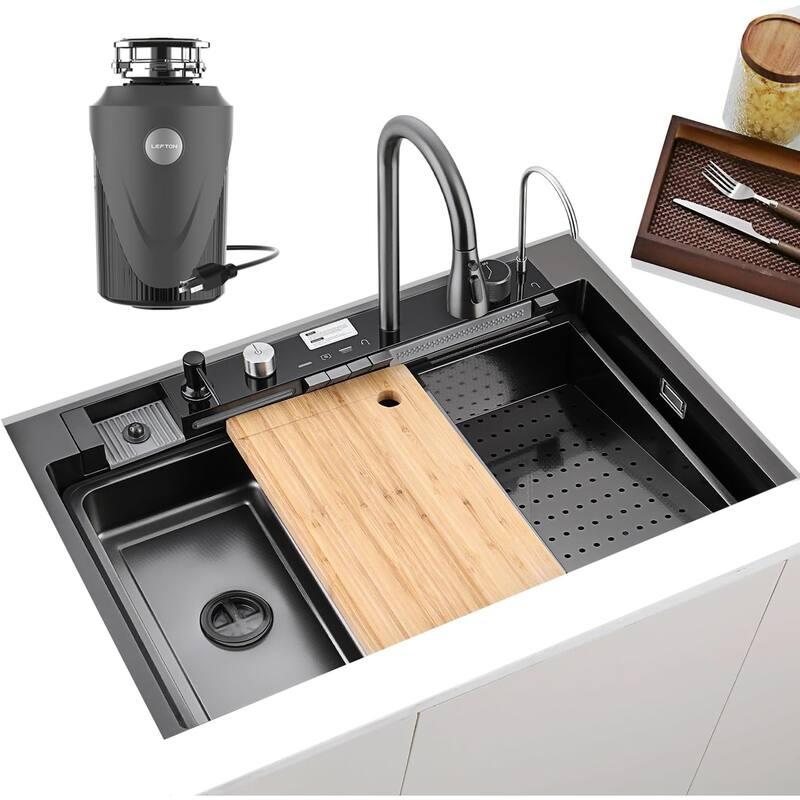 Lefton New 33"x22" Stainless Steel Waterfall Kitchen Sink with Temperature Display in Fahrenheit, Pull-down, KS2206L-PRO - 33x22 (w/ 1 HP Garbage Disposal) - Grey