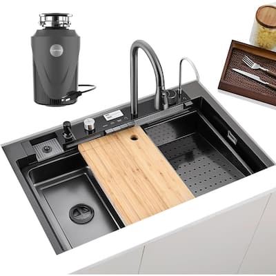 Lefton New 33"x22" Stainless Steel Waterfall Kitchen Sink with Temperature Display in Fahrenheit, Pull-down, KS2206L-PRO
