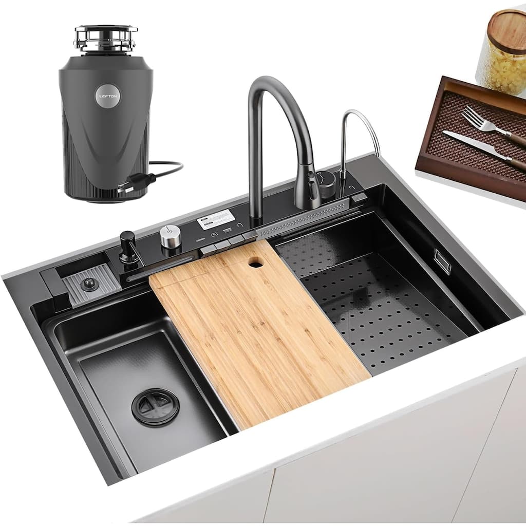 Lefton New 33"x22" Stainless Steel Waterfall Kitchen Sink with Temperature Display in Fahrenheit, Pull-down, KS2206L-PRO