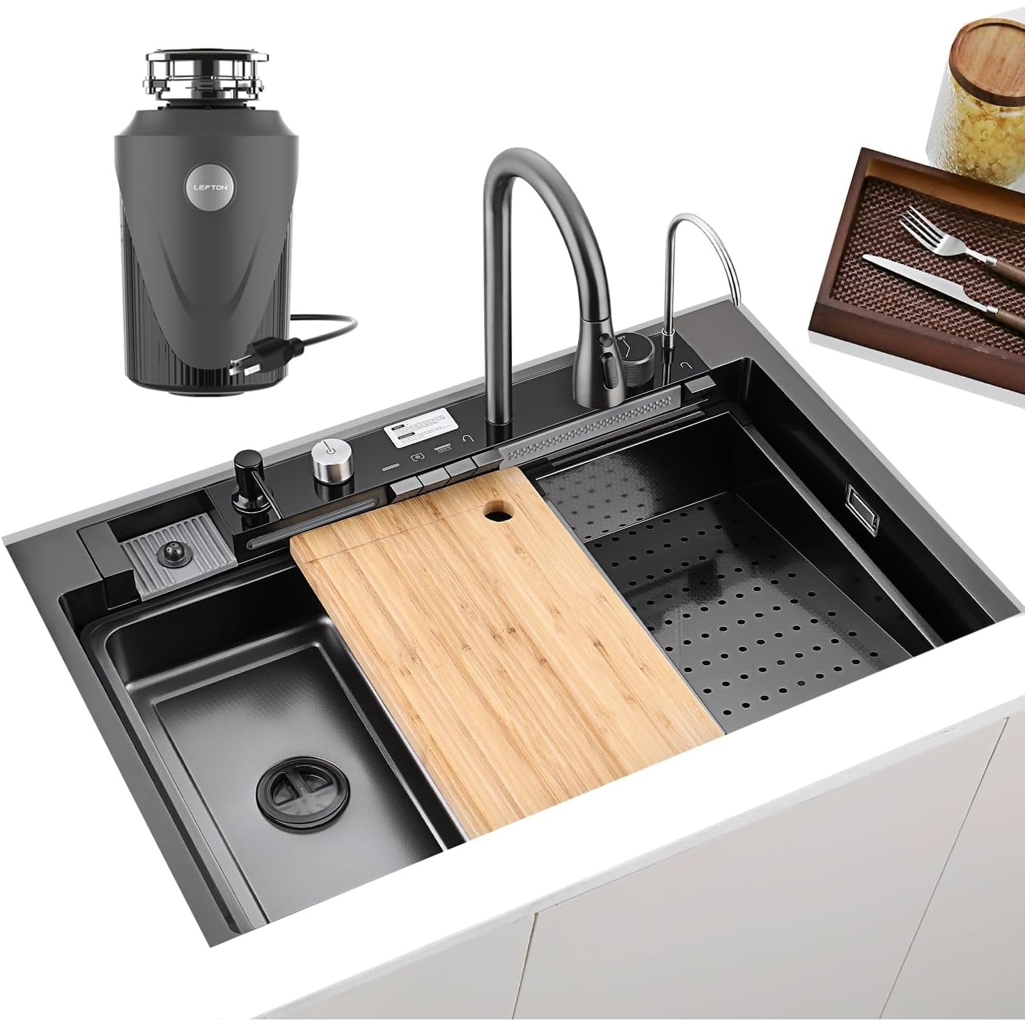 Lefton New 33"x22" Stainless Steel Waterfall Kitchen Sink with Temperature Display in Fahrenheit, Pull-down, KS2206L-PRO